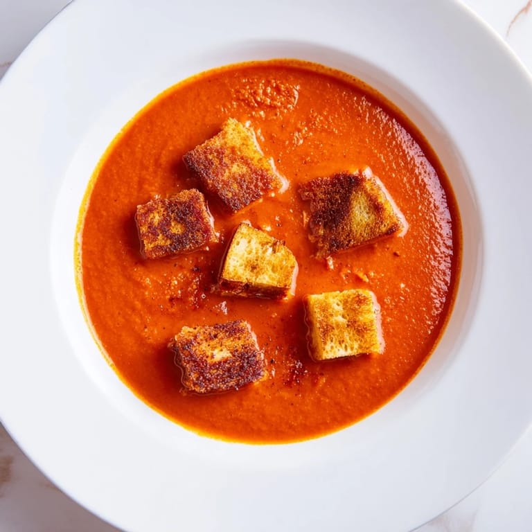 Roasted tomato soup with golden grilled cheese croutons, perfect for a cozy family dinner.