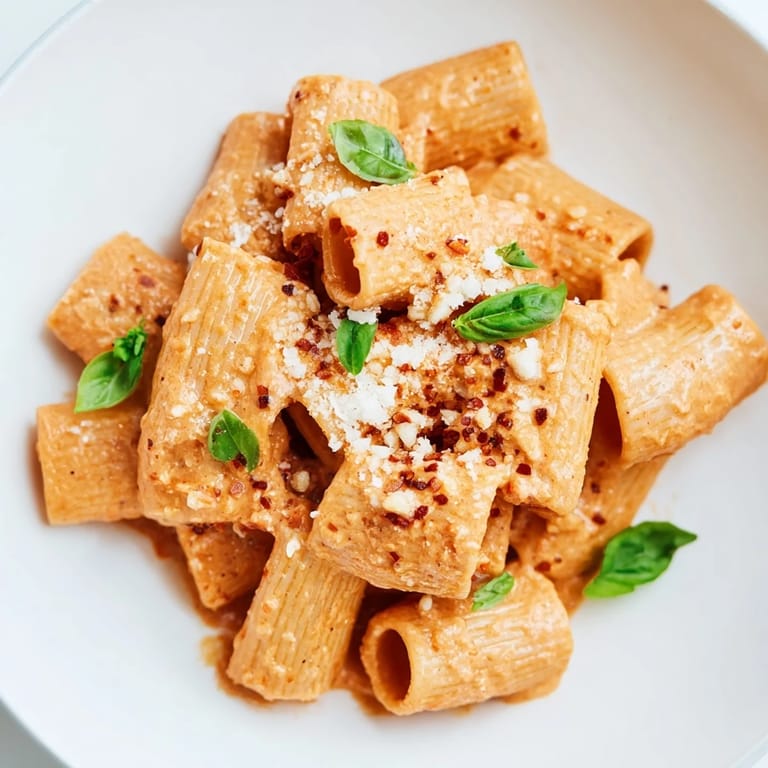 Twirls of rigatoni are smothered in a vibrant, creamy tomato sauce in this deliciously easy Spicy Rigatoni Pasta dish.