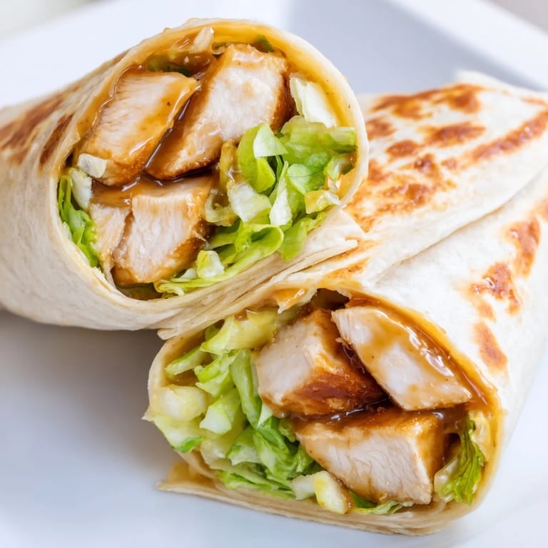 A freshly made Honey Mustard Chicken Wrap, sliced in half to reveal layers of shredded lettuce, juicy chicken, and vibrant red onion.