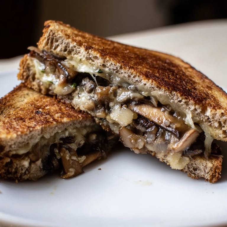 A hand holds up a warm Mushroom Swiss Grilled Cheese, showcasing the gooey Swiss cheese and perfectly cooked cremini mushrooms inside.