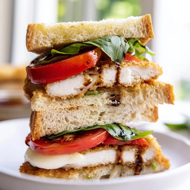 A close-up of a Crispy Chicken Caprese Sandwich, revealing juicy chicken, creamy mozzarella, and vibrant green basil between ciabatta halves.