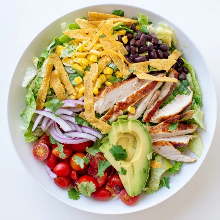 Juicy grilled chicken marinated in honey and lime rests on a colorful bed of romaine, corn, and black beans for a zesty taco salad.