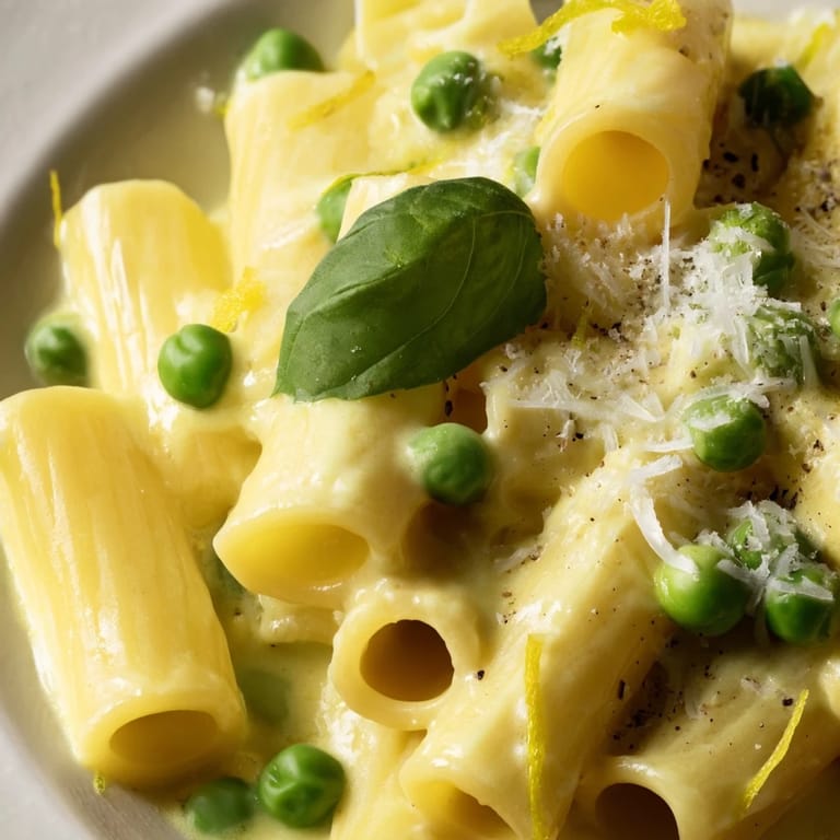 Serving of Pea & Lemon Ricotta Pasta garnished with fresh basil and extra Parmesan, ready for a light spring dinner.  