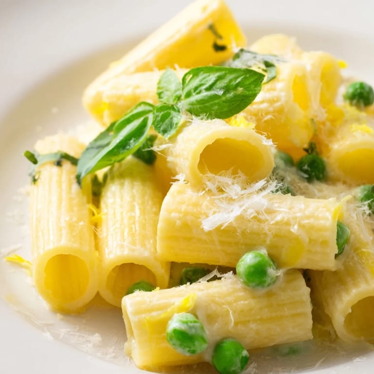 Tossing hot rigatoni with peas and lemony ricotta sauce creates a silky, vegetarian Pea & Lemon Ricotta Pasta.