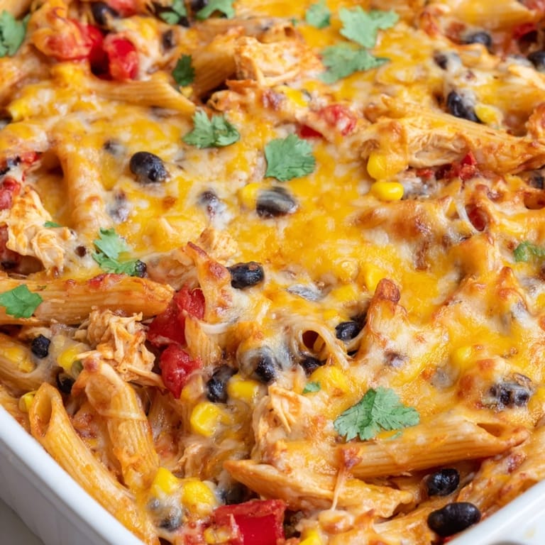 Steam rises from a bowl of Chicken Burrito Pasta Bake, revealing a hearty mix of pasta, black beans, and corn.