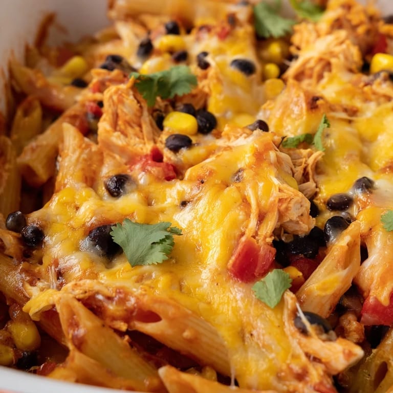 A freshly baked Chicken Burrito Pasta Bake in a casserole dish, topped with jalapeño slices and a dollop of sour cream.