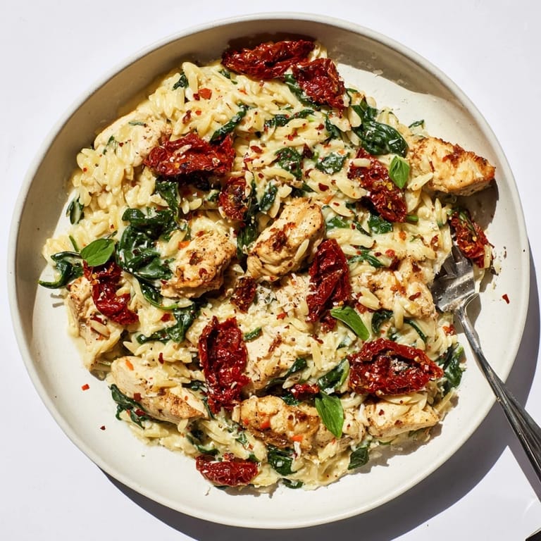 A serving of Tuscan Chicken Orzo in a shallow bowl, showcasing the luscious one-pan Italian meal for dinner.