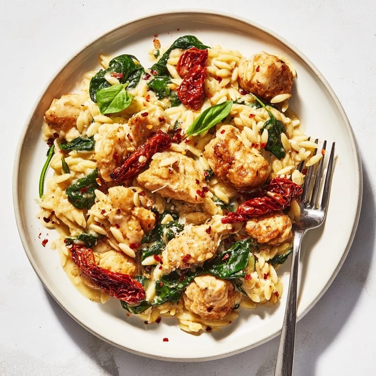 Fresh basil garnish tops a steaming skillet of Tuscan Chicken Orzo, featuring vibrant spinach in a rich sauce.