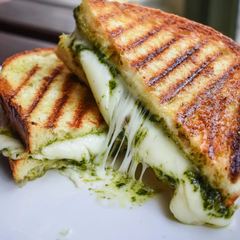 Close-up of Sourdough Pesto Grilled Cheese in a skillet, crisped sourdough exterior with melted cheese oozing from the golden edges.