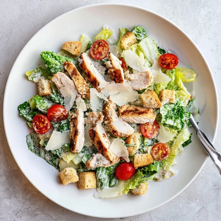 A close-up of the Yogurt Caesar Grilled Chicken Salad highlights shaved Parmesan and juicy, herb-seasoned chicken strips.