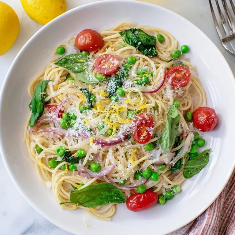 Colorful Spring Veggie One-Pot Spaghetti featuring tender vegetables and lemon zest, ready for a quick weeknight dinner.
