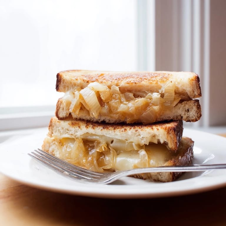 A close-up view of a buttery grilled cheese sandwich filled with slowly cooked onions and nutty Gruyère, ready to eat.