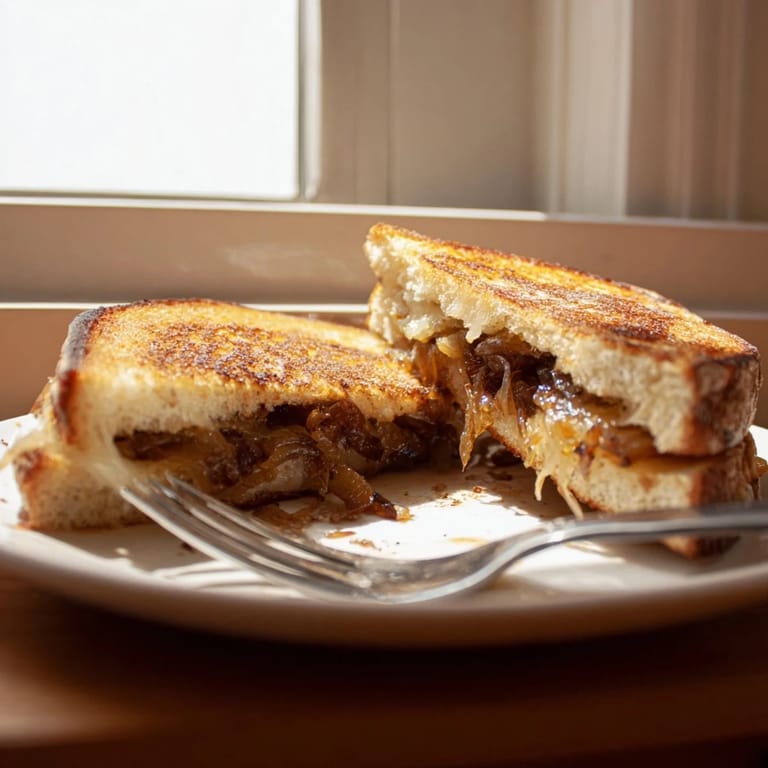 Two halves of a toasted sandwich reveal gooey, melted Gruyère and rich, golden-brown onions between rustic bread slices.