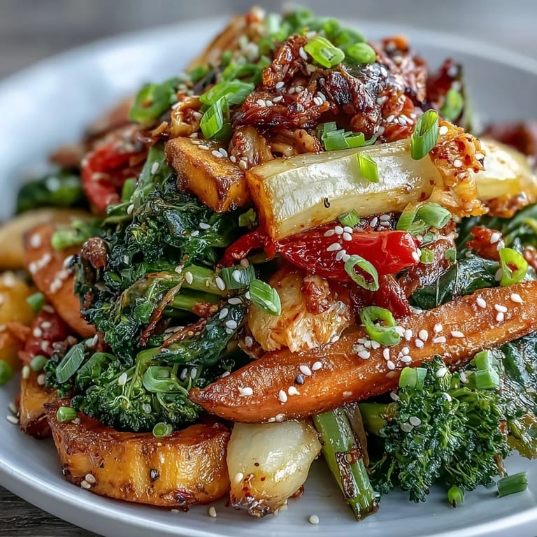 Close-up on Comforting Fermented Veggie Winter Stir-Fry, featuring colorful root vegetables and bright red kimchi for a probiotic-rich kick.