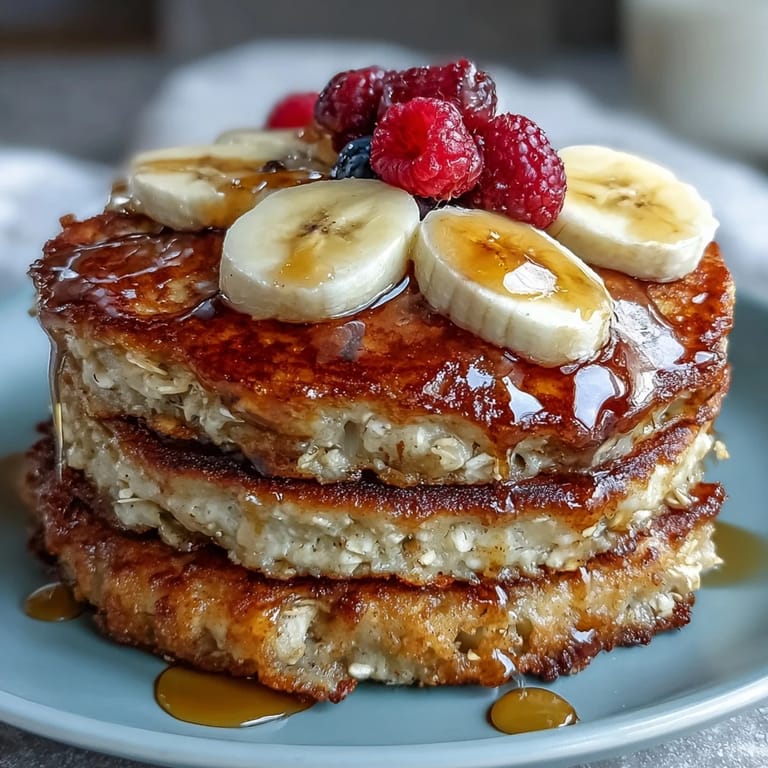 Stack of warm Banana Oat Pancakes topped with sliced banana and a pat of butter, a wholesome breakfast ready to enjoy.  