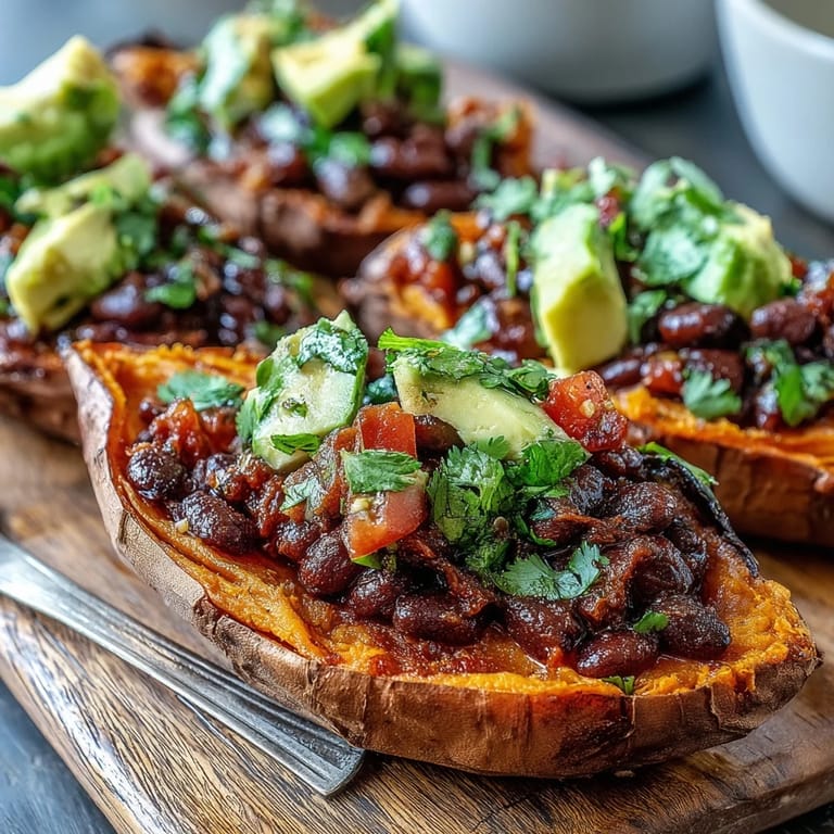After roasting at 400°F, the sweet potatoes are split open and piled high with spiced beans and chunky salsa for a comforting weeknight dinner.