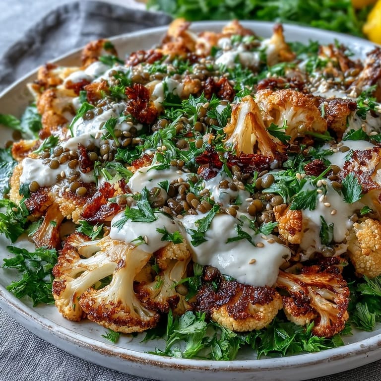 A close-up view shows creamy cumin-tahini yogurt drizzled over the caramelized cauliflower, garnished with toasted sesame seeds and fresh parsley for a flavorful Middle Eastern-inspired meal.