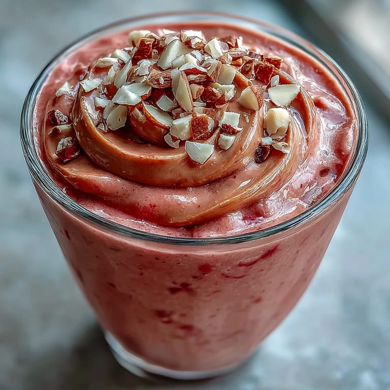 Creamy blended Cherry Almond Smoothie with a rich red hue, served chilled alongside whole almonds. 