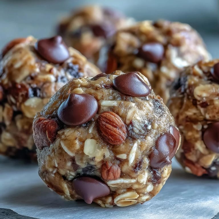 These Banana Chocolate Chip Energy Balls are packed with oats and chocolate chips, ideal for a quick on-the-go boost.