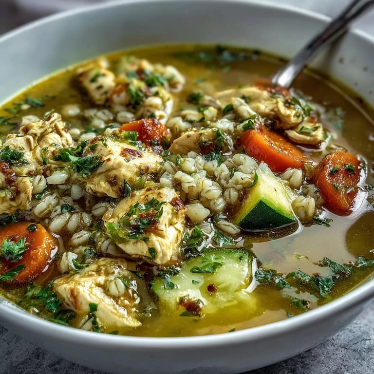 Golden, aromatic Soothing Turmeric Chicken With Pearl Barley served steaming in a rustic white bowl.