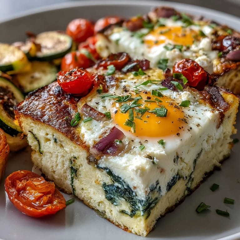 Slice of High-Protein Sheet Pan Eggs With Cottage Cheese and Veggies showing fluffy texture with diced red peppers and spinach mixed in.