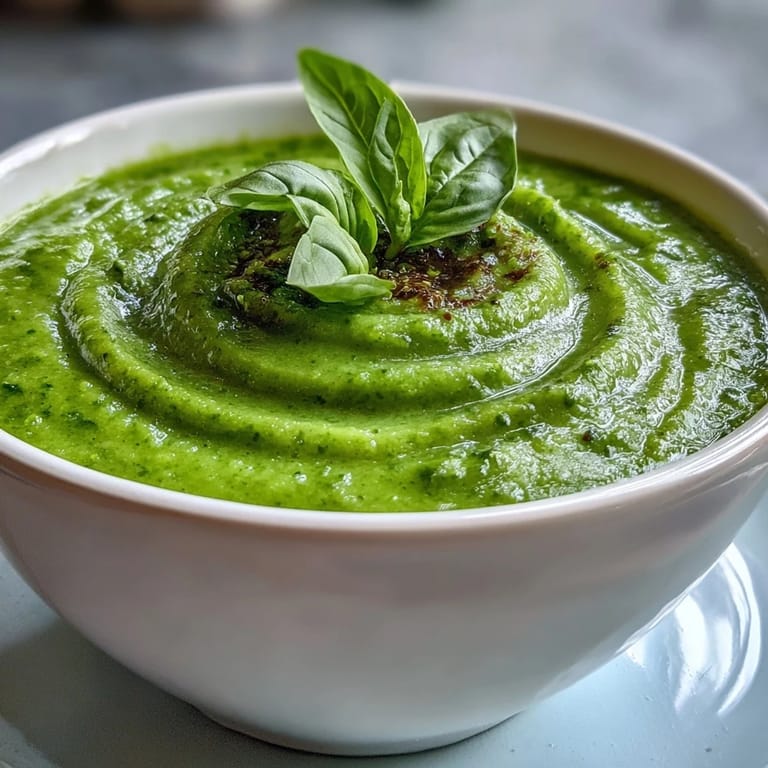 Vivid green pureed Courgette, Pea and Pesto Soup steaming in a rustic bowl with a dollop of crème fraîche.