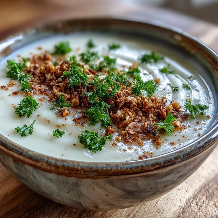 A comforting bowl of celeriac soup topped with toasted hazelnut crumble, paired with crusty bread for a cozy dinner.