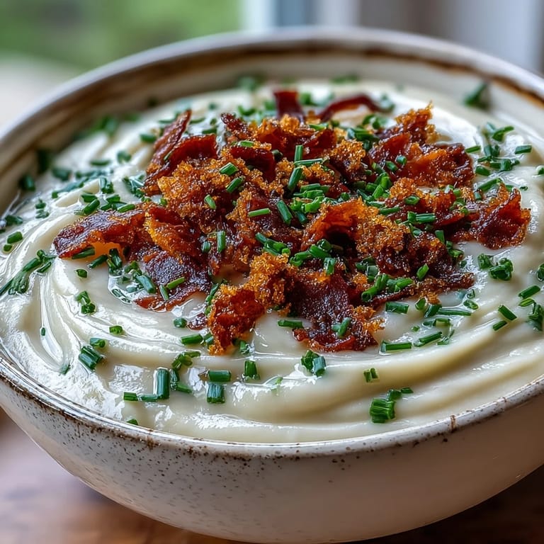Velvety Creamy Celeriac Soup with Crispy Bacon garnished with fresh chives in a rustic bowl.