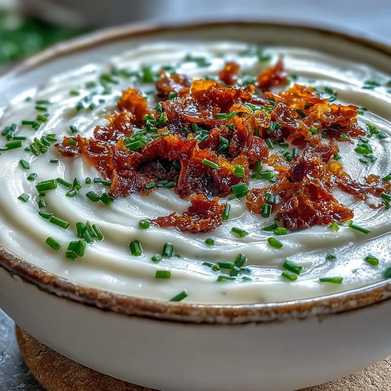 Rich Creamy Celeriac Soup with Crispy Bacon beside crusty bread on a wooden table.