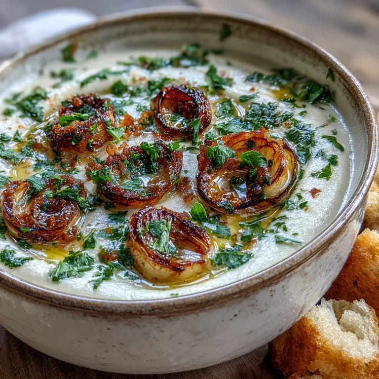 A spoonful of velvety roasted garlic soup lifted from a white bowl, showing smooth texture. 