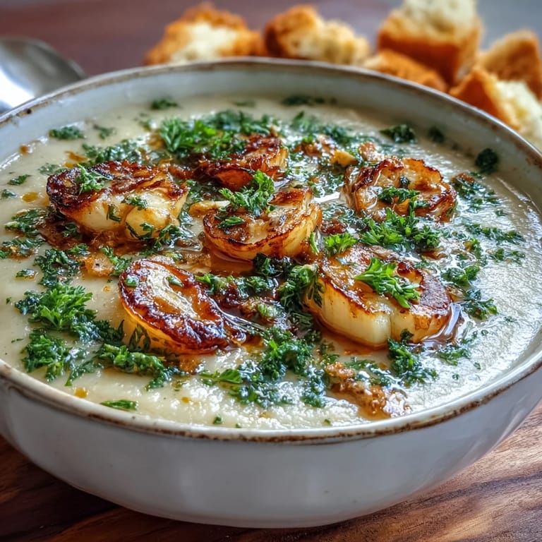 Roasted garlic soup topped with olive oil drizzle and fresh parsley, ready to eat.