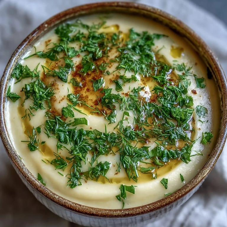 Golden parsnip and herb soup steaming gently in a white bowl, garnished with chives and parsley beside a slice of crusty bread.