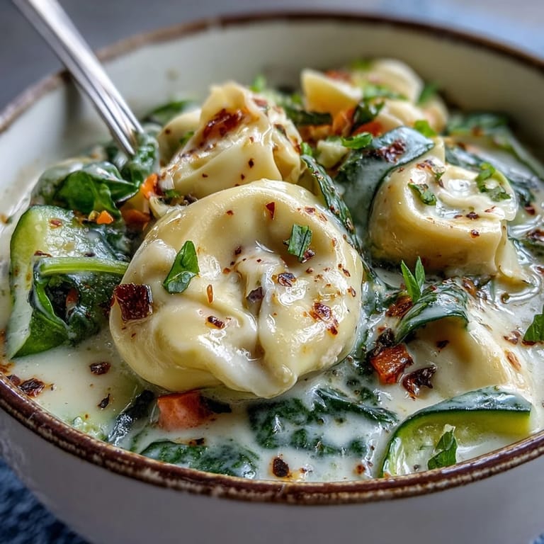 Steaming bowl of Creamy Vegetable Tortellini Soup served with crusty bread on a wooden table.