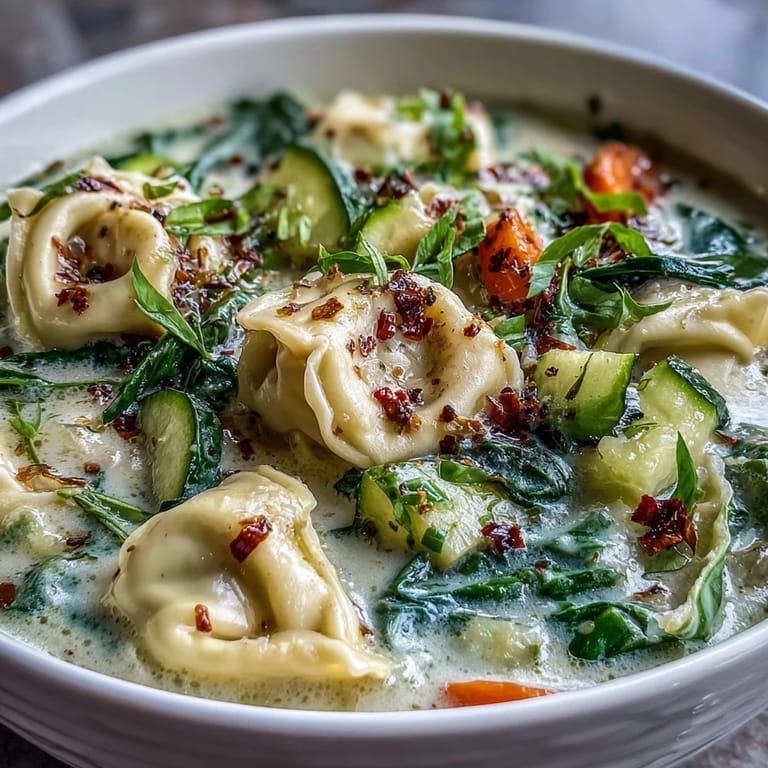 Cheese tortellini swimming in a rich, creamy broth with vibrant carrots, celery, and zucchini.