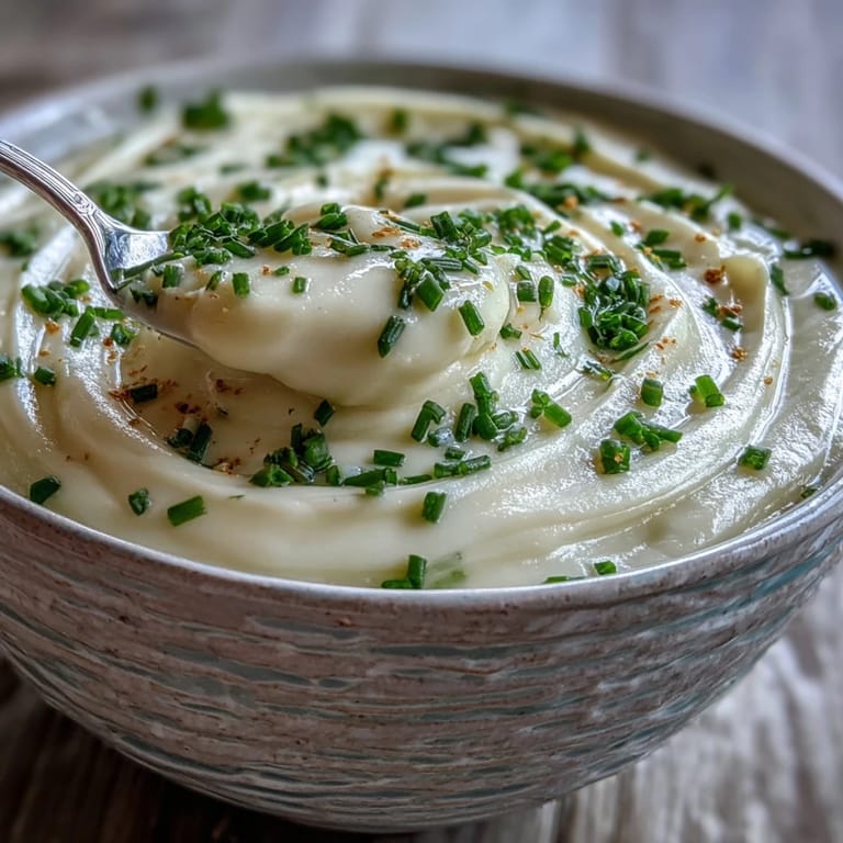Creamy Celery Root Bisque in a white bowl garnished with fresh chives and a drizzle of heavy cream, served as an elegant French appetizer.