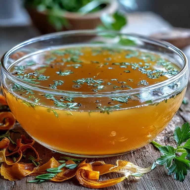 Clear Vegetable Broth From Scraps is poured into a glass jar with fresh thyme.