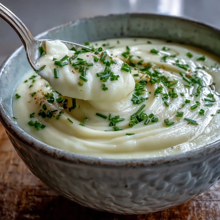 A close-up of velvety Creamy Celery Root Bisque topped with parsley, showing its smooth, pale texture next to a rustic piece of crusty bread.