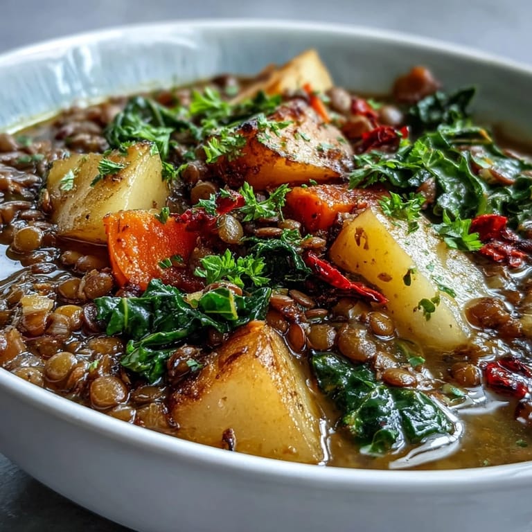 Steam rises from a pot of Vegetarian Lentil Stew filled with vibrant carrots, spinach, and potatoes.