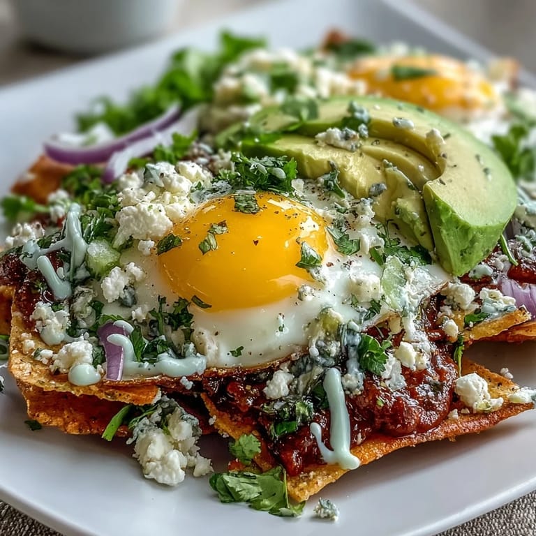 Freshly sliced avocado, red onion, and cilantro garnish this savory chilaquiles breakfast, served hot with a creamy drizzle of Mexican crema.