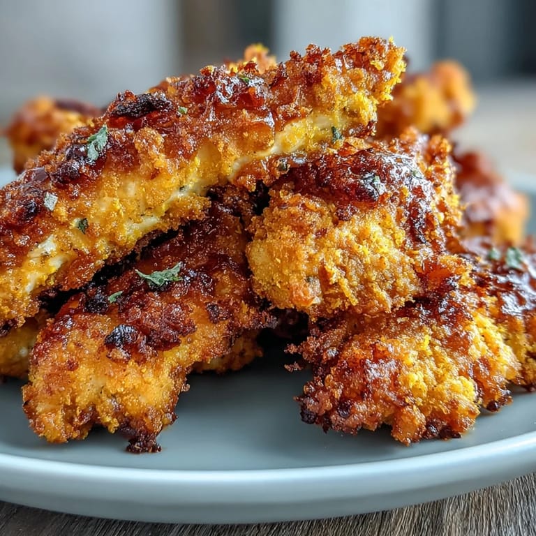 Golden-brown Crispy Turmeric Chicken Tenders stacked high, showing a juicy interior and crunchy coating.