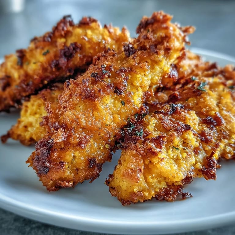 Four servings of Crispy Turmeric Chicken Tenders arranged beside a creamy dipping sauce.