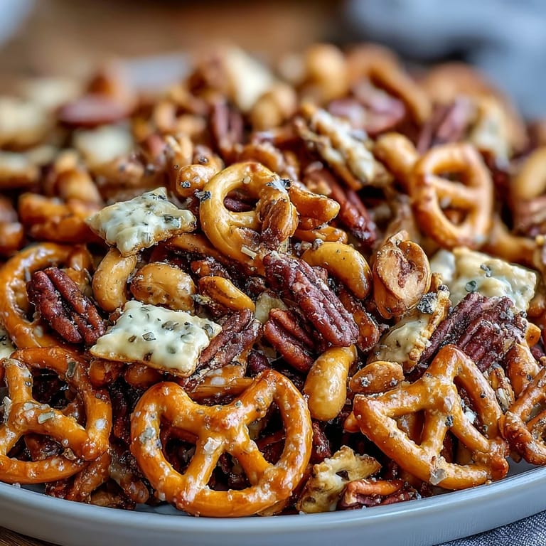 Freshly baked Everything Ranch Cheese and Pretzel Snack Mix cooling on a wire rack, ready for party snacking or game day.