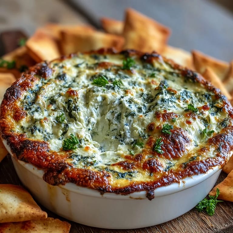 Creamy Spinach Artichoke Dip with vibrant green spinach and artichoke hearts, baked until golden and served warm in a dish.