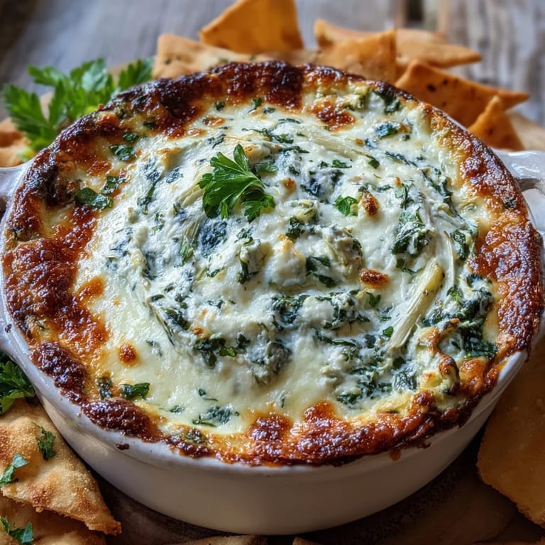 Homemade Spinach Artichoke Dip in a ceramic dish, garnished with herbs and paired with crostini and fresh veggies.