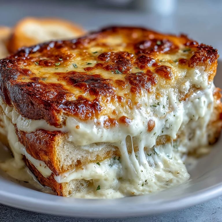 Crusty bread layers stuffed with savory ham and rich cheese in a hearty Croque Monsieur Casserole slice.