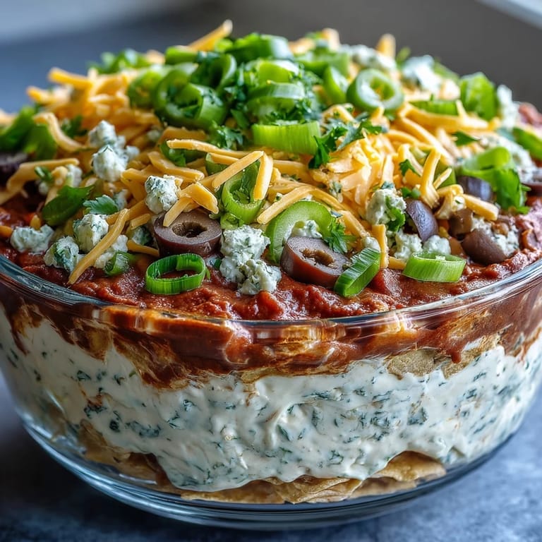 A vibrant 4-Way Layered Dip served in a glass bowl with scoops taken, cilantro garnish, and limes.