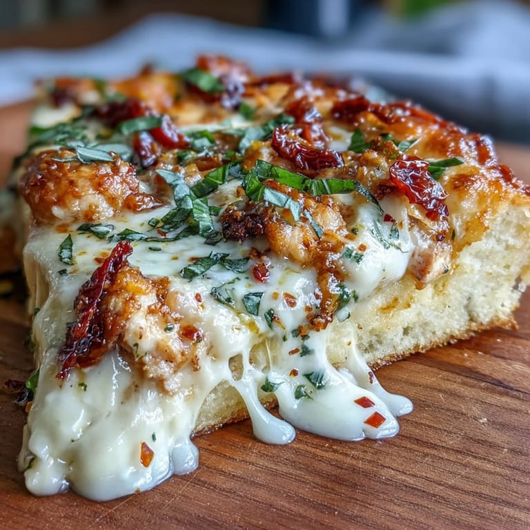 Golden-baked Marry Me Chicken Pizza topped with herbed chicken, parmesan cream sauce, and fresh basil leaves on a rustic board.