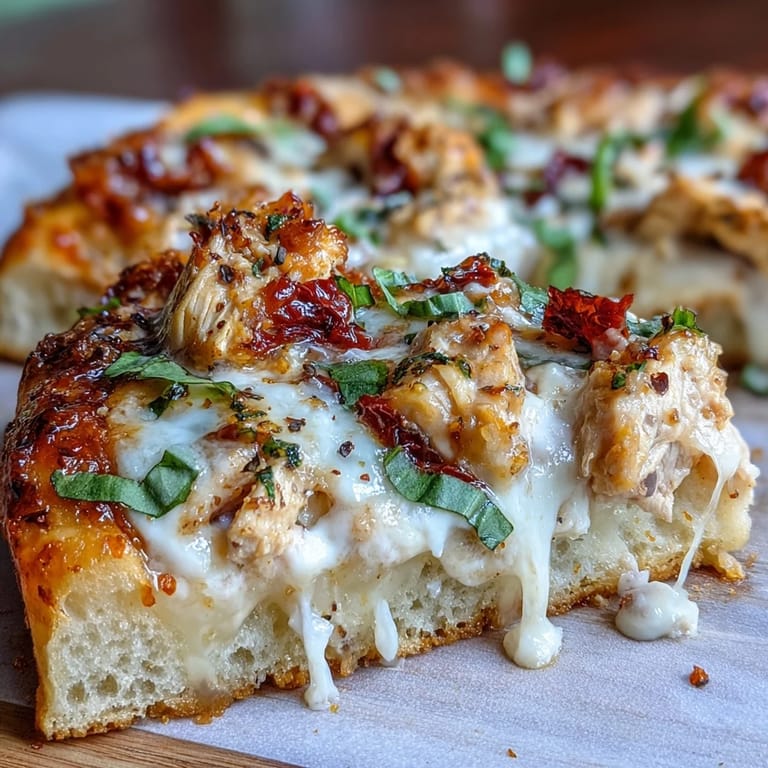 Sizzling Marry Me Chicken Pizza fresh from the oven, featuring a crispy crust, creamy sauce, and vibrant sun-dried tomatoes.