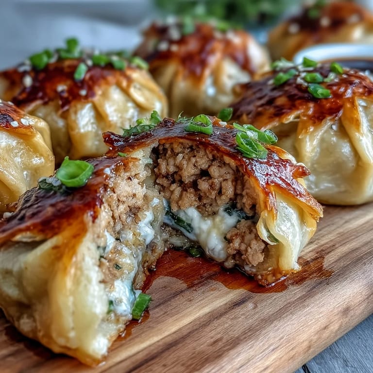 Steamed and pan-fried Smash Dumplings with tender pork filling, garnished with sliced scallions and sesame seeds.
