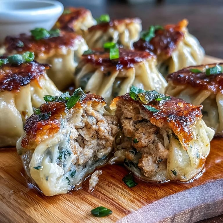 Smash Dumplings arranged on a white plate, showcasing crunchy edges and a juicy, savory pork and cabbage interior.